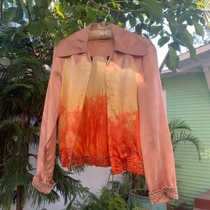 Vtg Tie Dye Crop Jacket with Collar | Pink, Orange. Yellow Gradient | S | Bomber